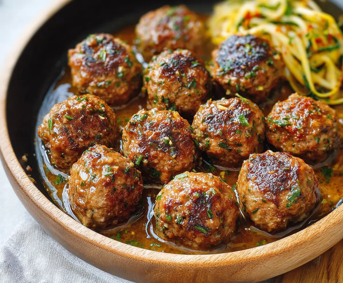 Delicious keto garlic butter meatballs on a plate, garnished with fresh herbs for a savory low-carb meal.