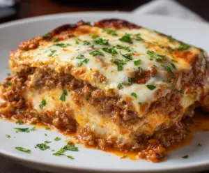 Delicious keto lasagna with layers of zucchini, cheese, and rich tomato sauce.