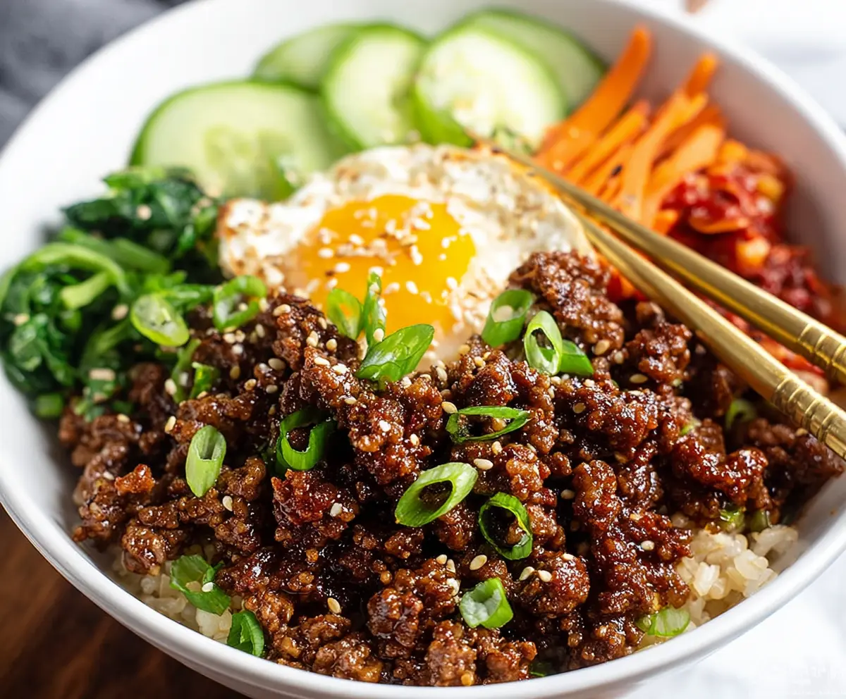 Delicious Korean Ground Beef Bowl served with rice and vegetables
