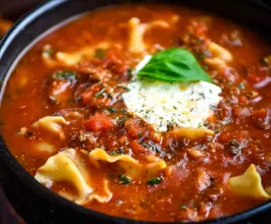 Delicious homemade lasagna soup cooking in a crockpot, perfect comfort food meal.