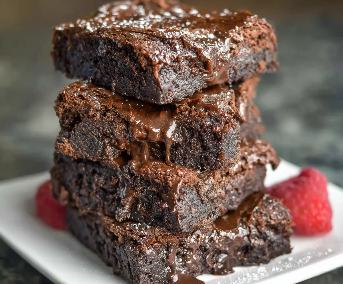 Healthy low calorie Greek yogurt brownies served on a plate with a drizzle of honey.