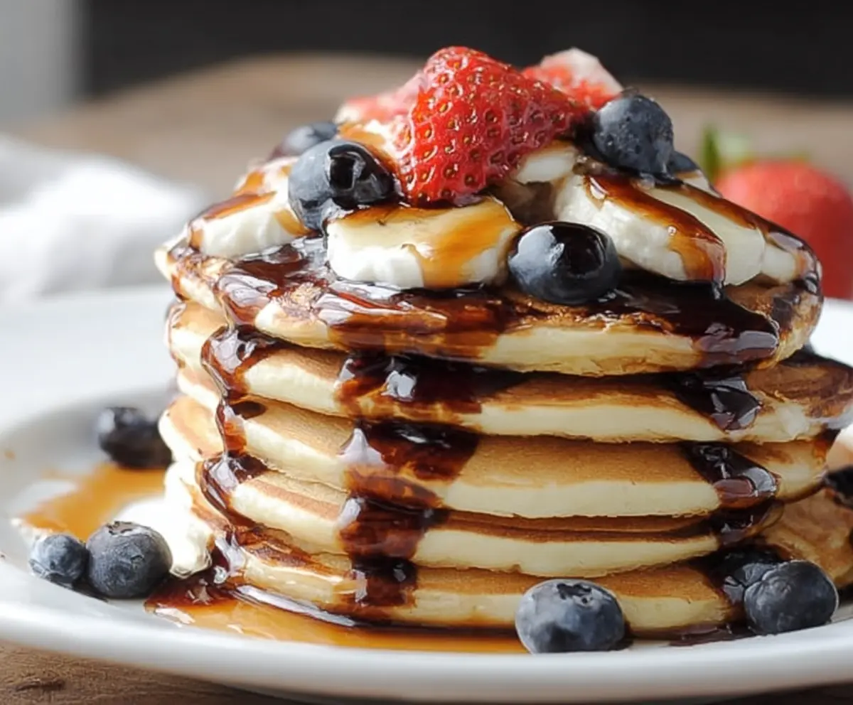 Delicious low calorie skinny pancakes stacked on a plate, perfect for a healthy breakfast option.