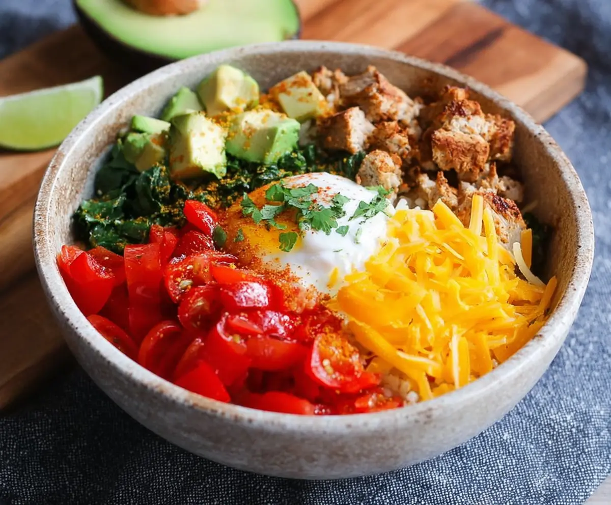 Healthy low carb breakfast burrito bowl with scrambled eggs, vegetables, and cheese in a bowl.