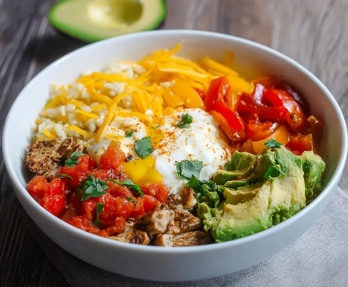 Delicious low carb breakfast burrito bowl with eggs, avocado, and salsa on a plate