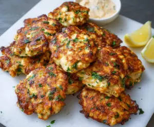 Delicious low carb cheesy chicken fritters served on a plate, perfect for a healthy dinner.
