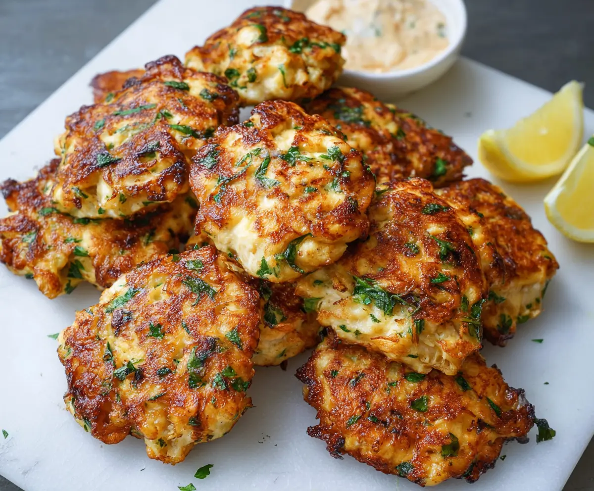 Delicious low carb cheesy chicken fritters served on a plate, perfect for a healthy dinner.