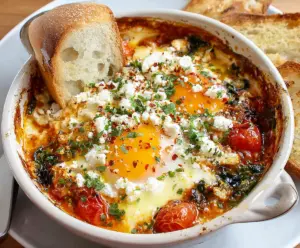 Delicious Mediterranean Baked Feta Eggs served with fresh herbs and colorful vegetables.