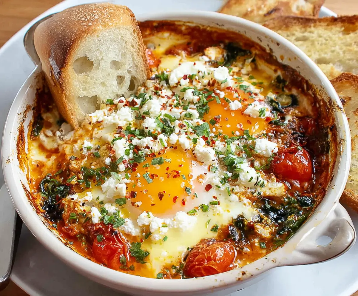 Delicious Mediterranean Baked Feta Eggs served with fresh herbs and colorful vegetables.