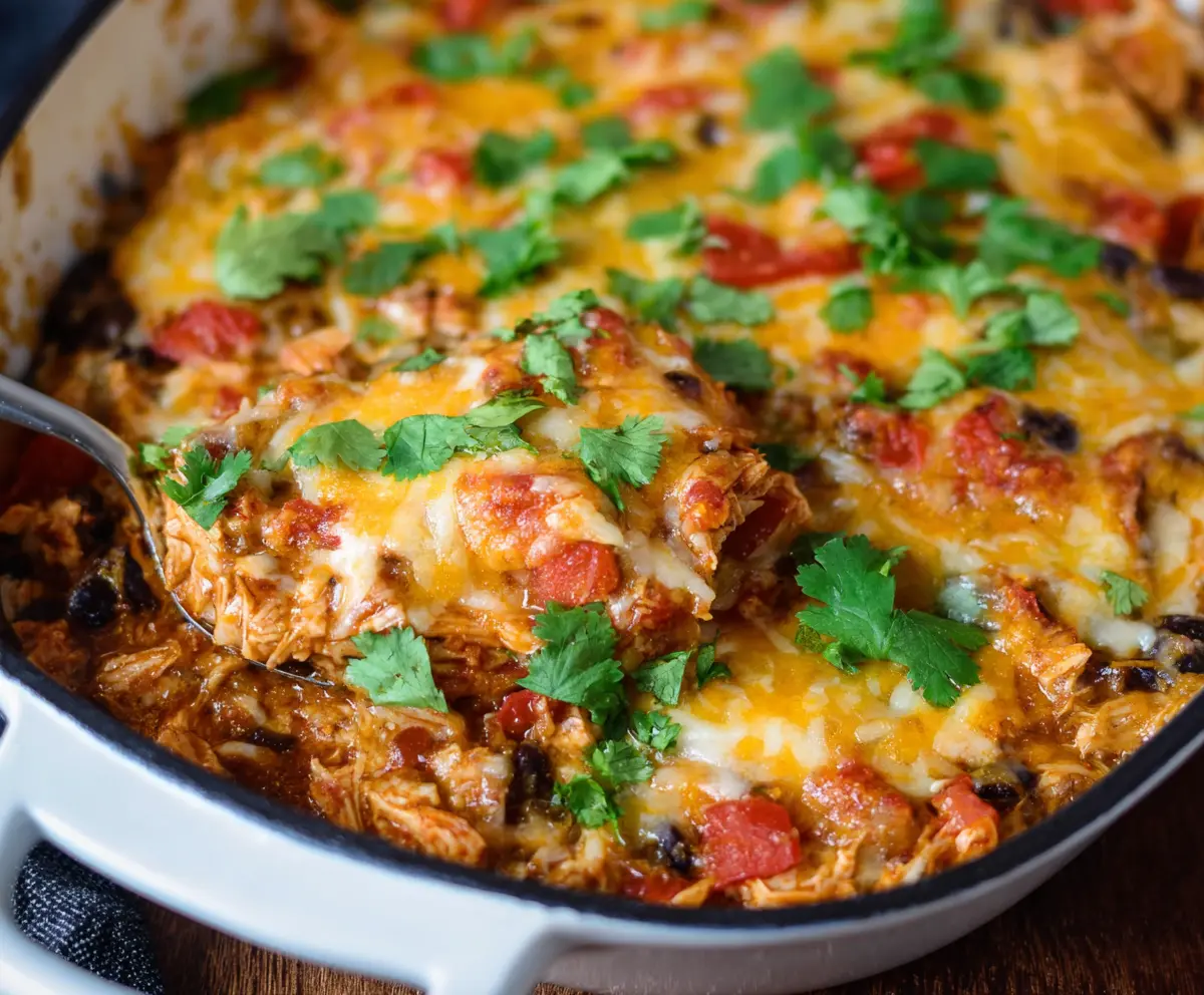 Delicious Mexican Chicken Casserole with melted cheese and flavorful spices, perfect for a hearty family dinner.