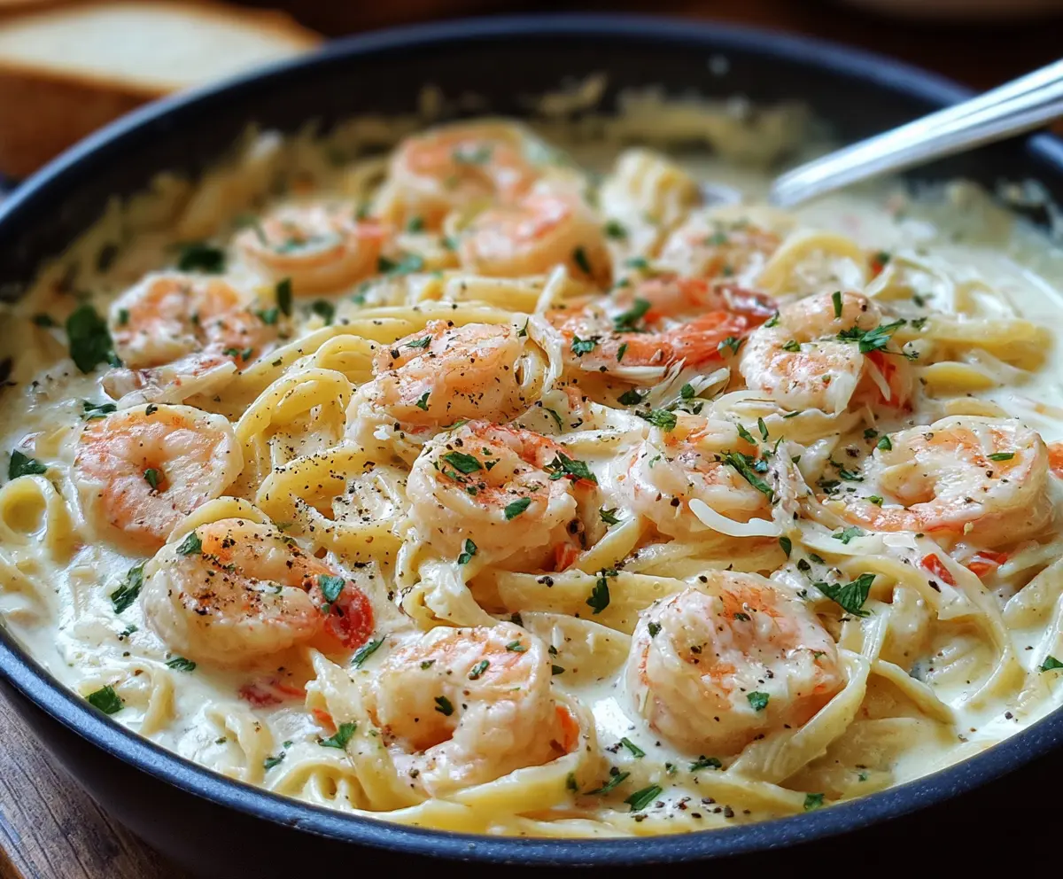 Delicious One Pot Shrimp and Crab Alfredo served in a white bowl, garnished with fresh herbs.