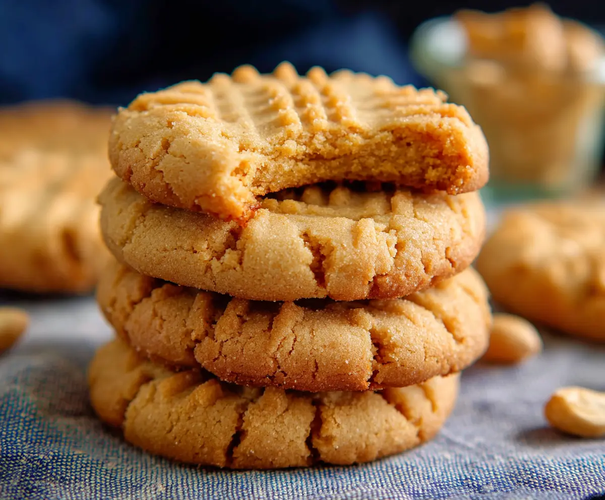 Homemade peanut butter cookies on a baking tray, displaying golden-brown crust and creamy peanut butter filling.