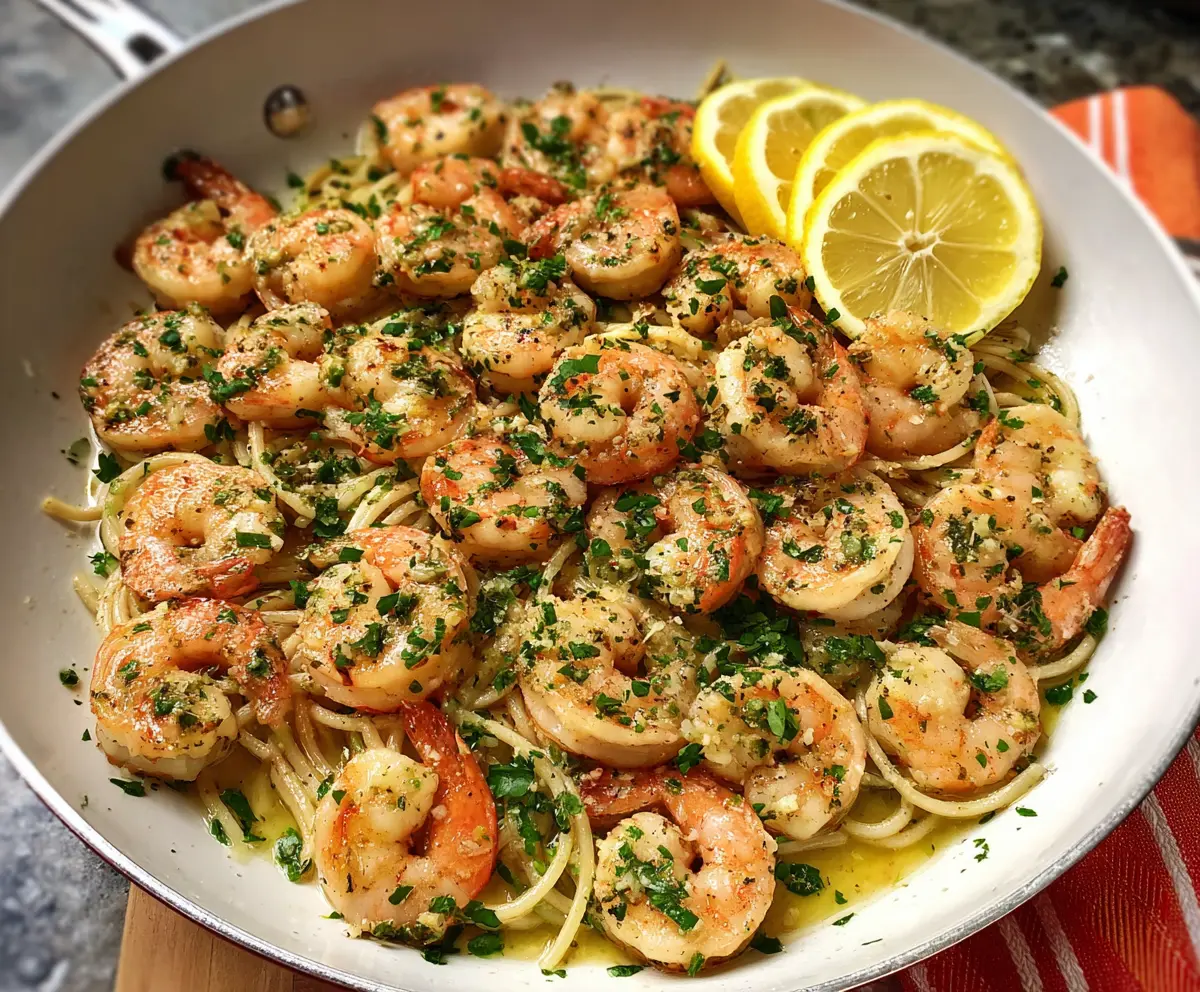 Delicious shrimp scampi served on a plate with garlic and herbs, perfect for any occasion.