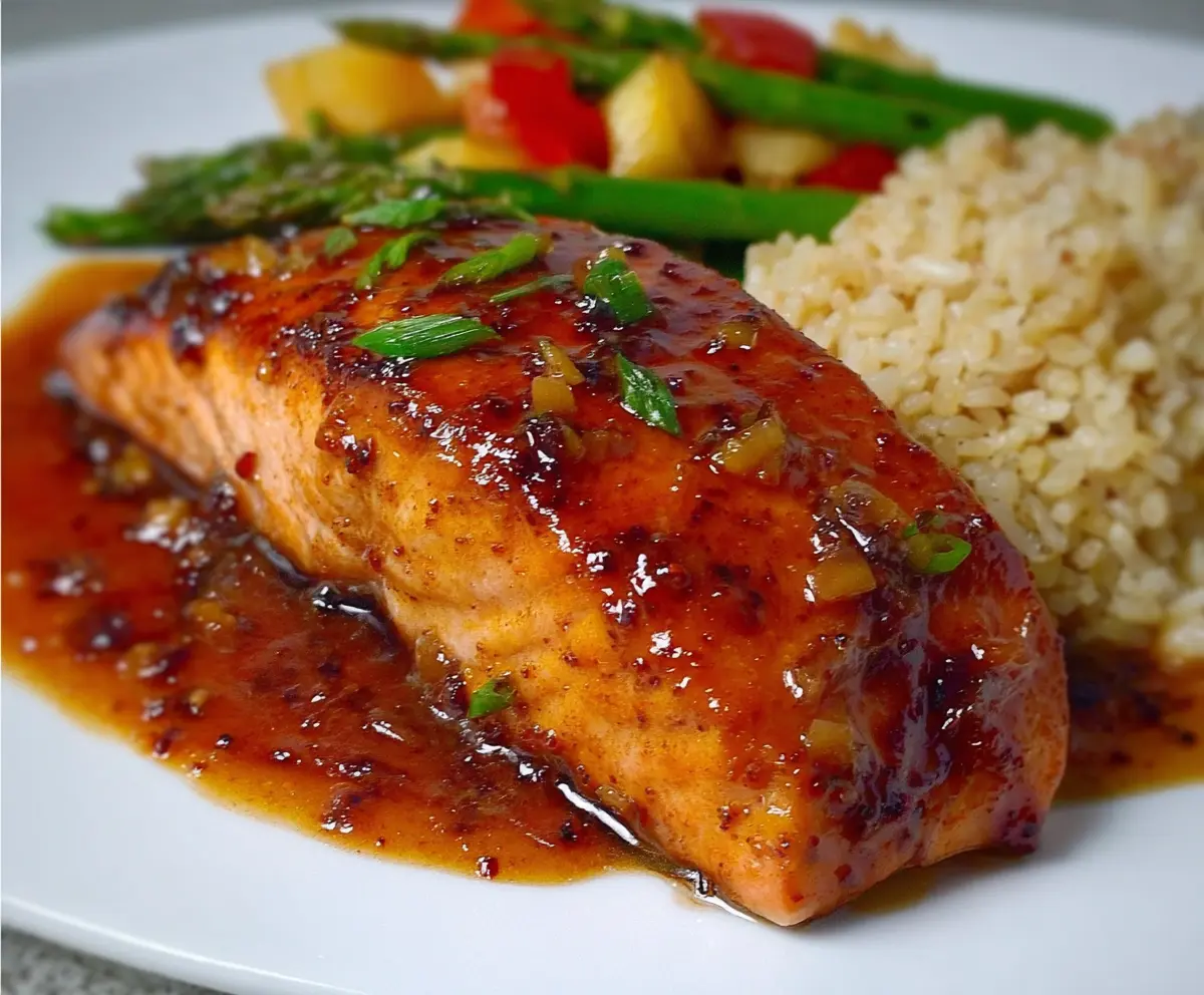 Delicious pineapple glazed salmon fillet garnished with fresh herbs on a white plate.