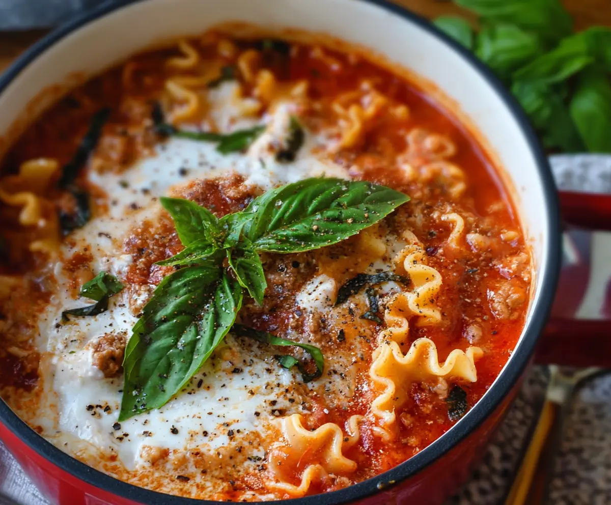 A bowl of comforting Quick Lasagna Soup with melted cheese, pasta, and fresh herbs garnished on top.