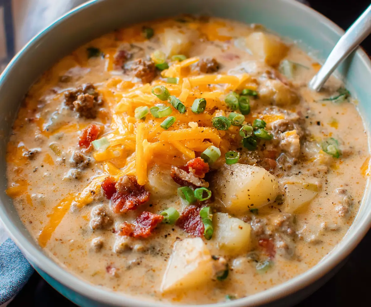 Creamy cheeseburger soup with melted cheese, ground beef, and fresh vegetables in a bowl