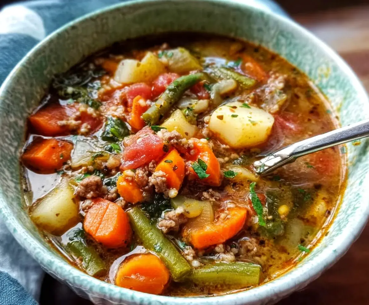 Hearty rustic vegetable soup with colorful seasonal vegetables in a rustic bowl, perfect for a comforting meal.