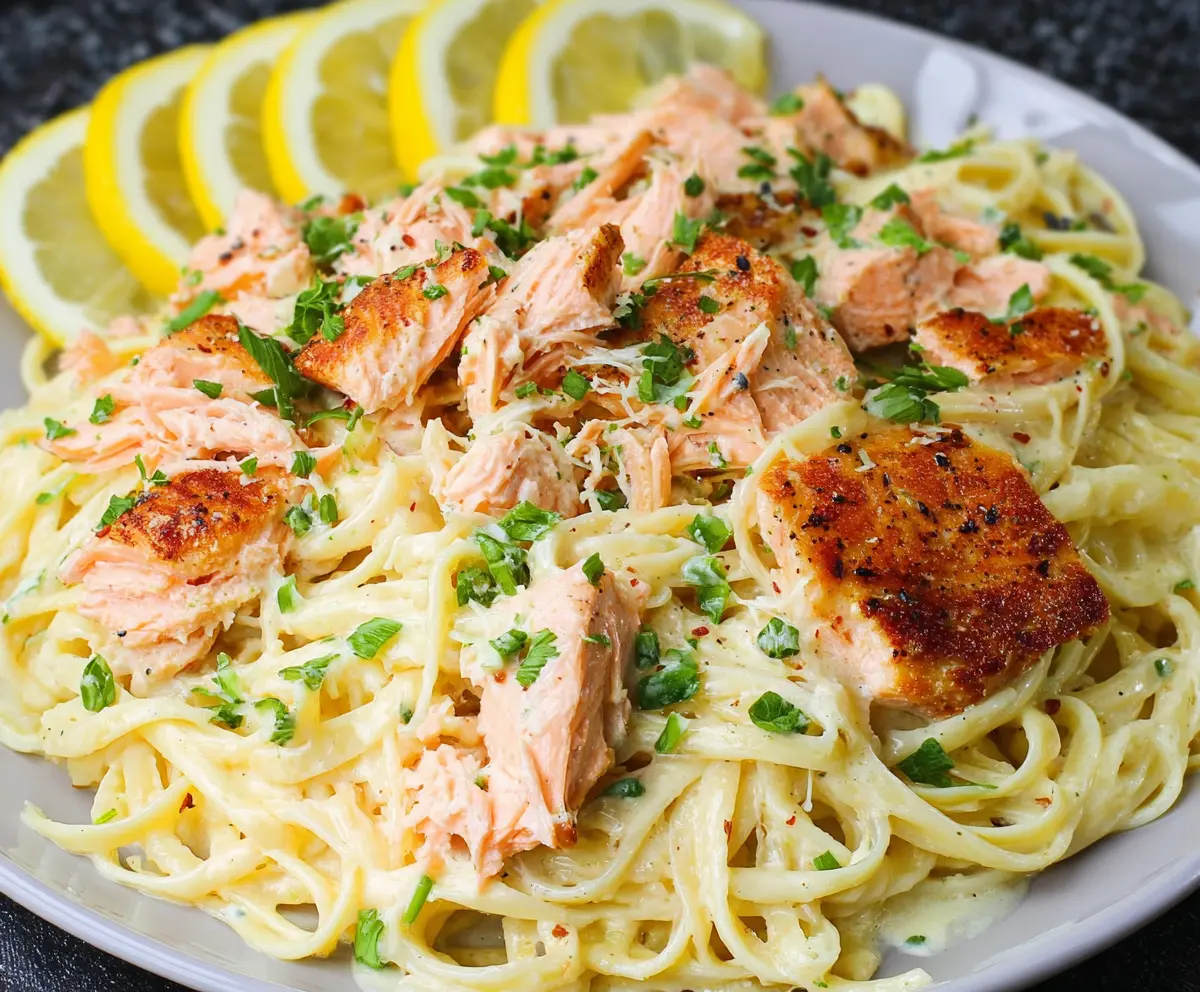 Delicious salmon pasta with lemon cream sauce served on a white plate, garnished with fresh herbs.