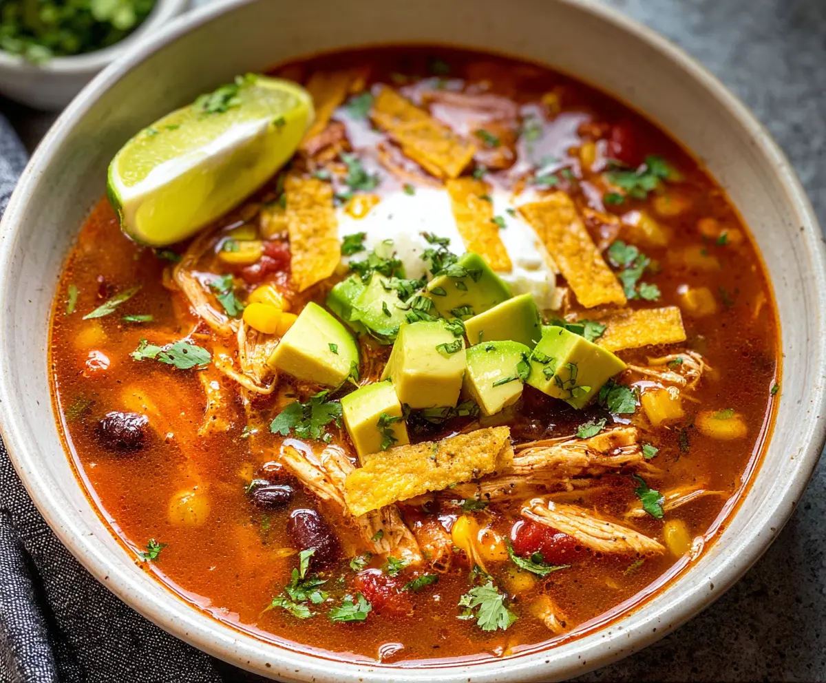 Delicious savory chicken tortilla soup garnished with fresh herbs and crispy tortilla chips.