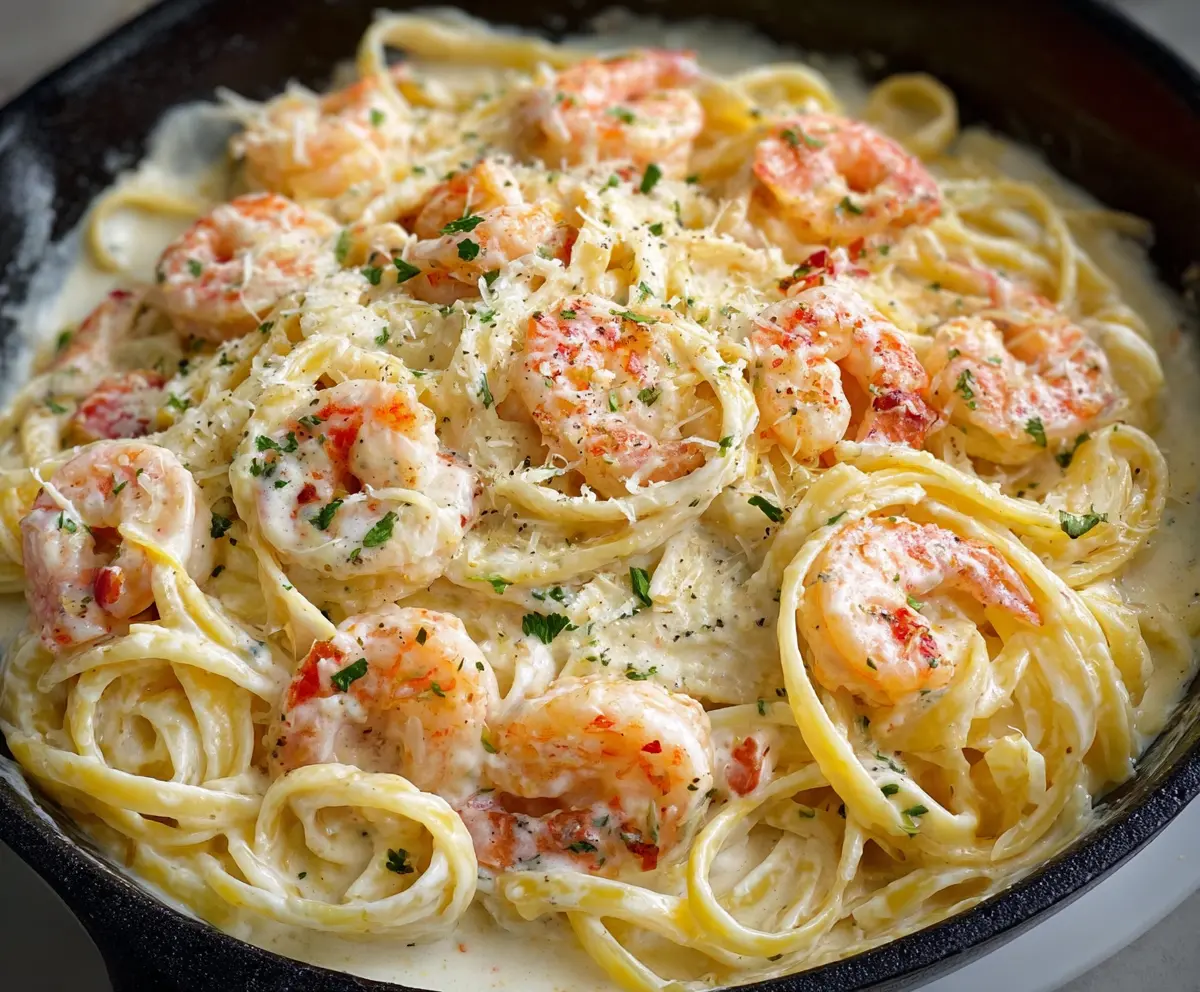 Delicious shrimp Alfredo pasta garnished with parsley in a white bowl