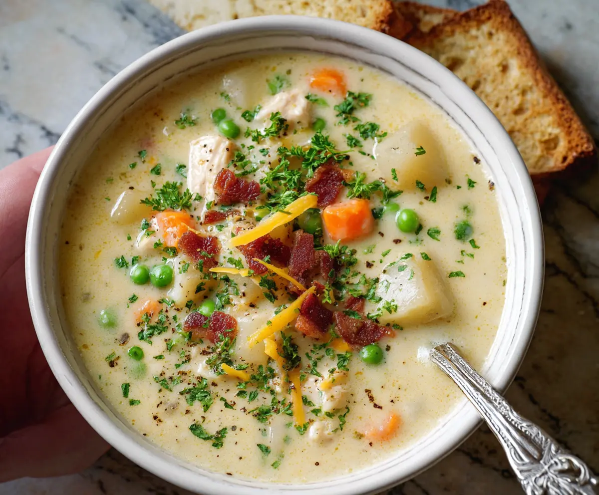 Creamy slow cooker potato soup garnished with herbs in a rustic bowl.