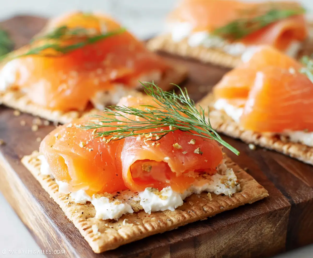Delicious smoked salmon cream cheese crackers served on a white plate, perfect for appetizers or snacks.