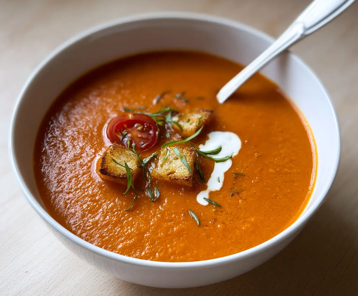 Creamy homemade tomato soup served in a bowl with fresh basil garnish