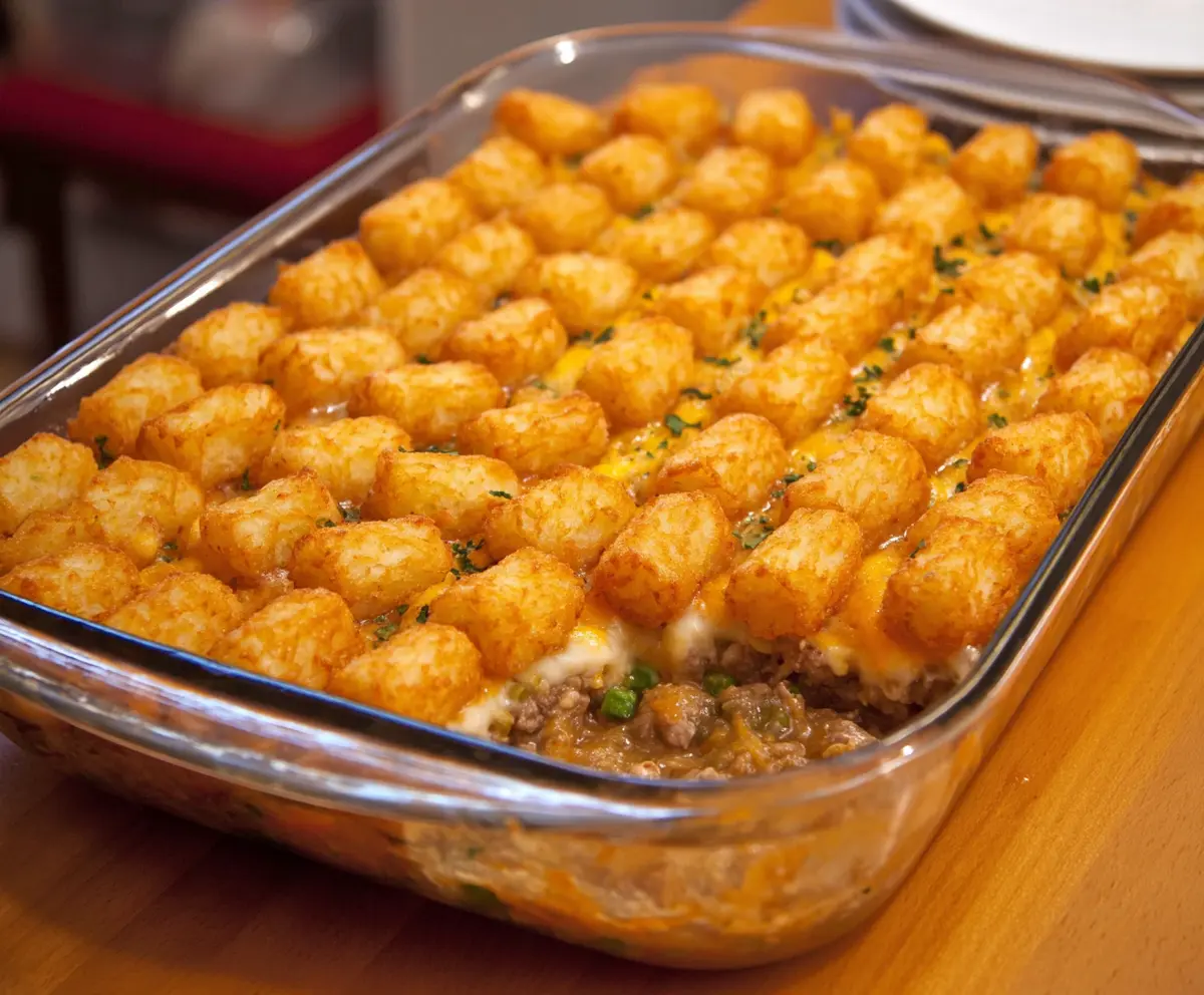 Delicious Tater Tot Casserole dish with golden crispy topping served in a baking dish