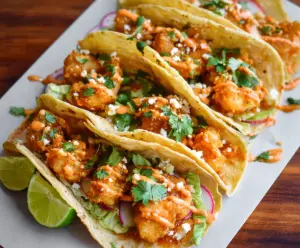 Delicious Bang Bang Shrimp Tacos with creamy sauce and fresh toppings on a plate.
