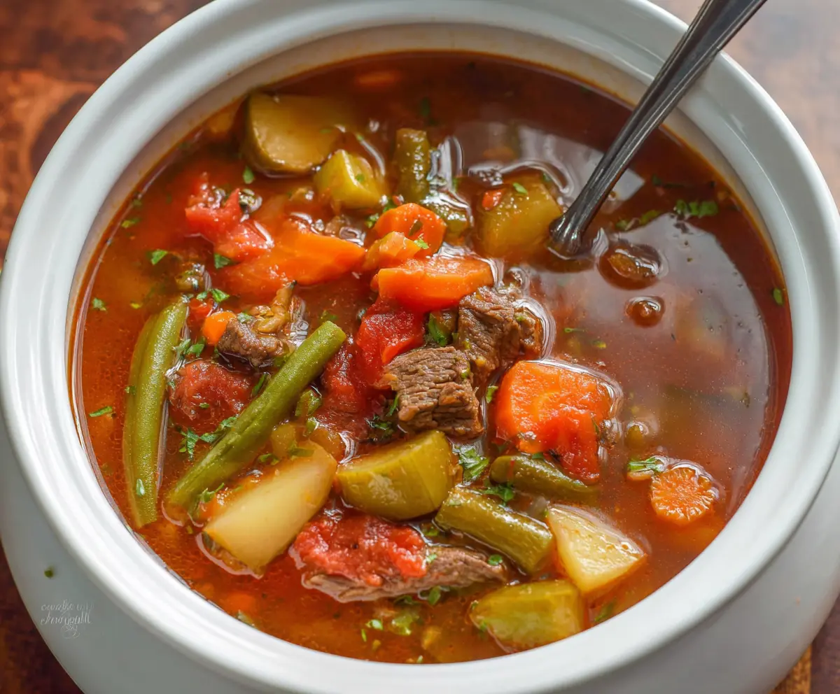 Hearty vegetable beef soup in a bowl with fresh vegetables and tender beef chunks.