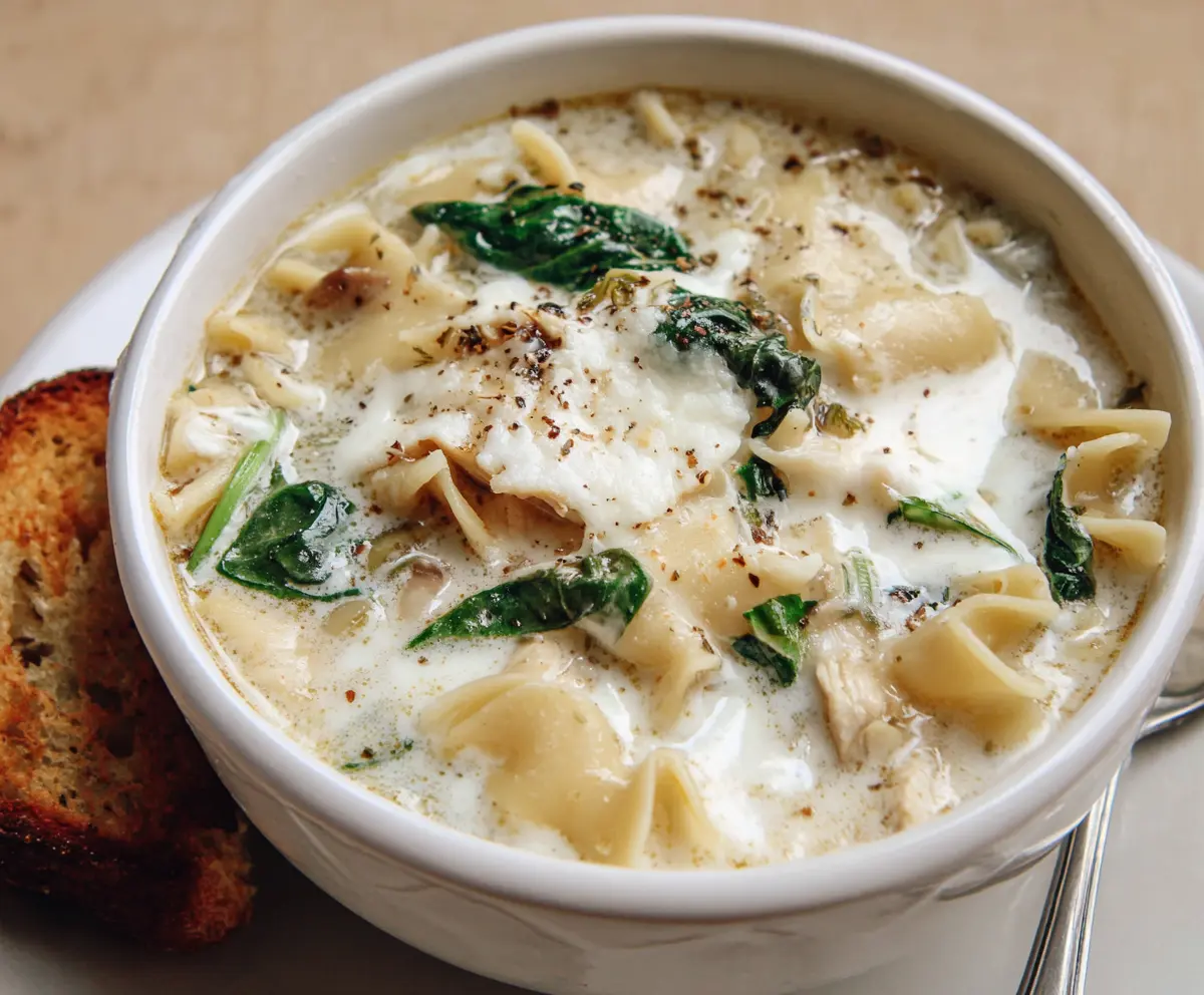 Creamy white lasagna soup with layers of cheese and herbs in a bowl.