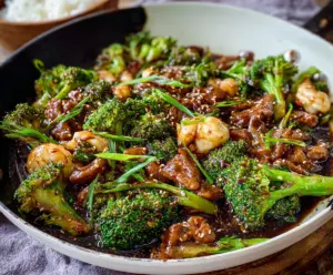 Delicious Chinese beef and broccoli stir-fry served on a plate with vibrant vegetables.