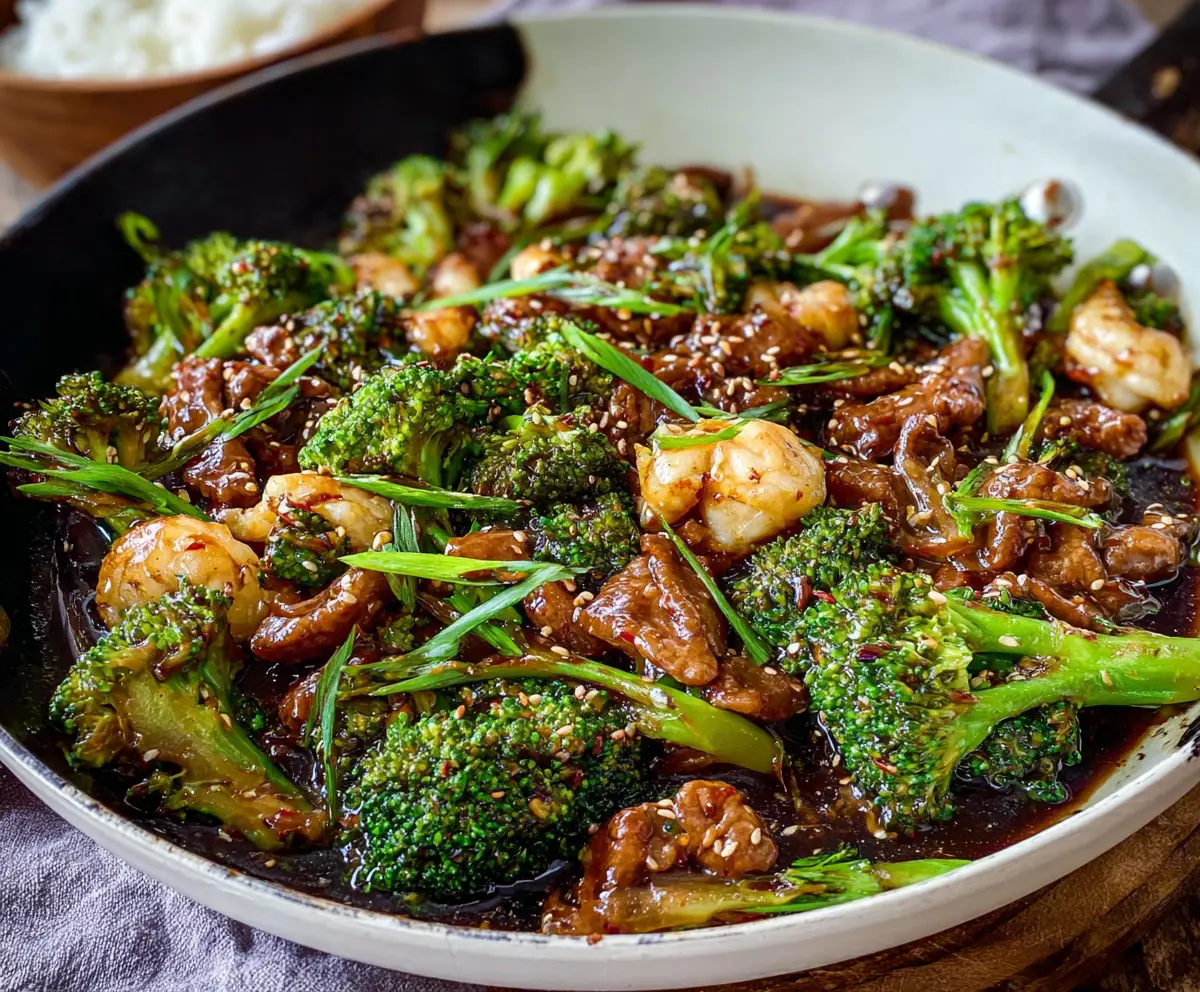 Delicious Chinese beef and broccoli stir-fry served on a plate with vibrant vegetables.