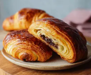Delicious homemade chocolate croissants with flaky golden pastry and melted chocolate filling