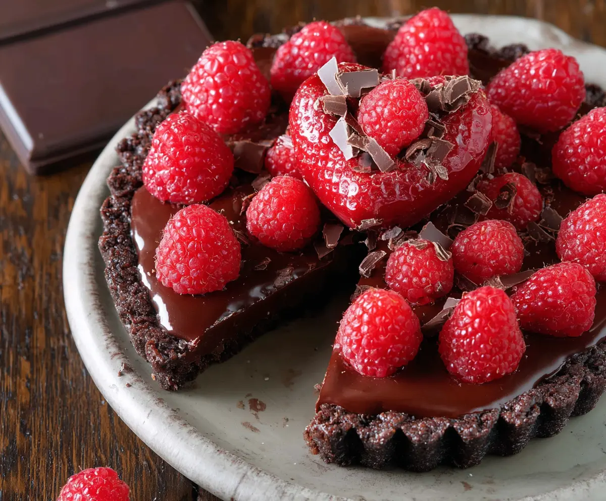 Delicious chocolate raspberry tart for Valentine's Day dessert, topped with fresh raspberries and rich chocolate glaze.