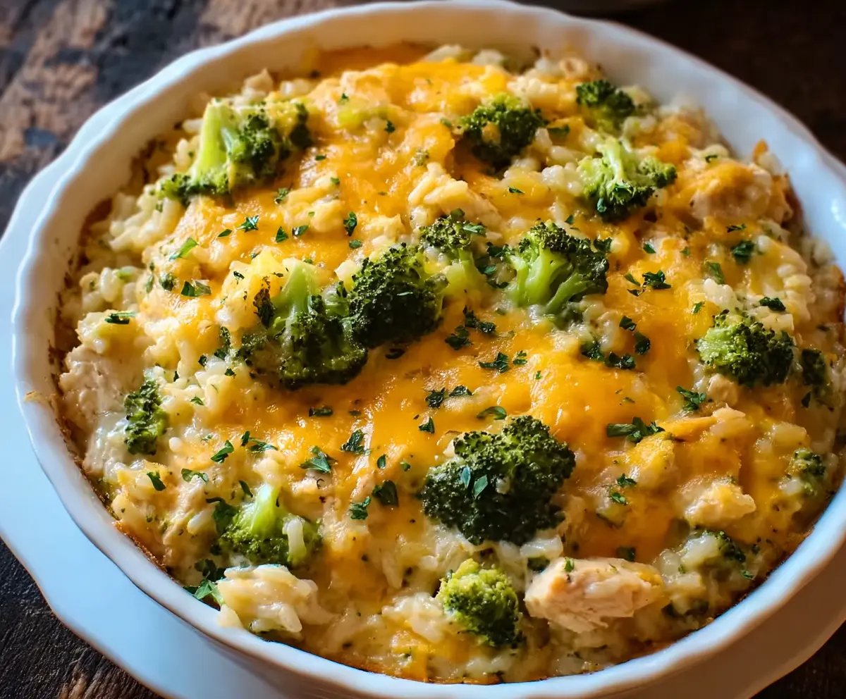 Delicious Creamy Chicken Broccoli Rice Cheese Casserole in a baking dish