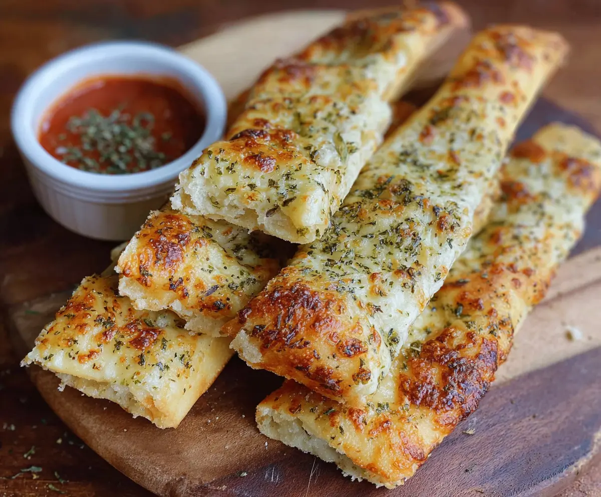 Crunchy crispy sourdough cheesy breadsticks on a rustic wooden table, perfect for appetizers or snacks.