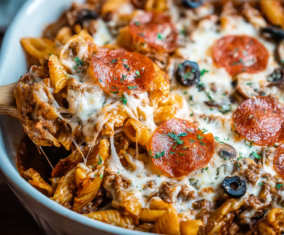 Delicious Easy Weeknight Pizza Casserole with melted cheese, pepperoni, and fresh toppings served in a baking dish.