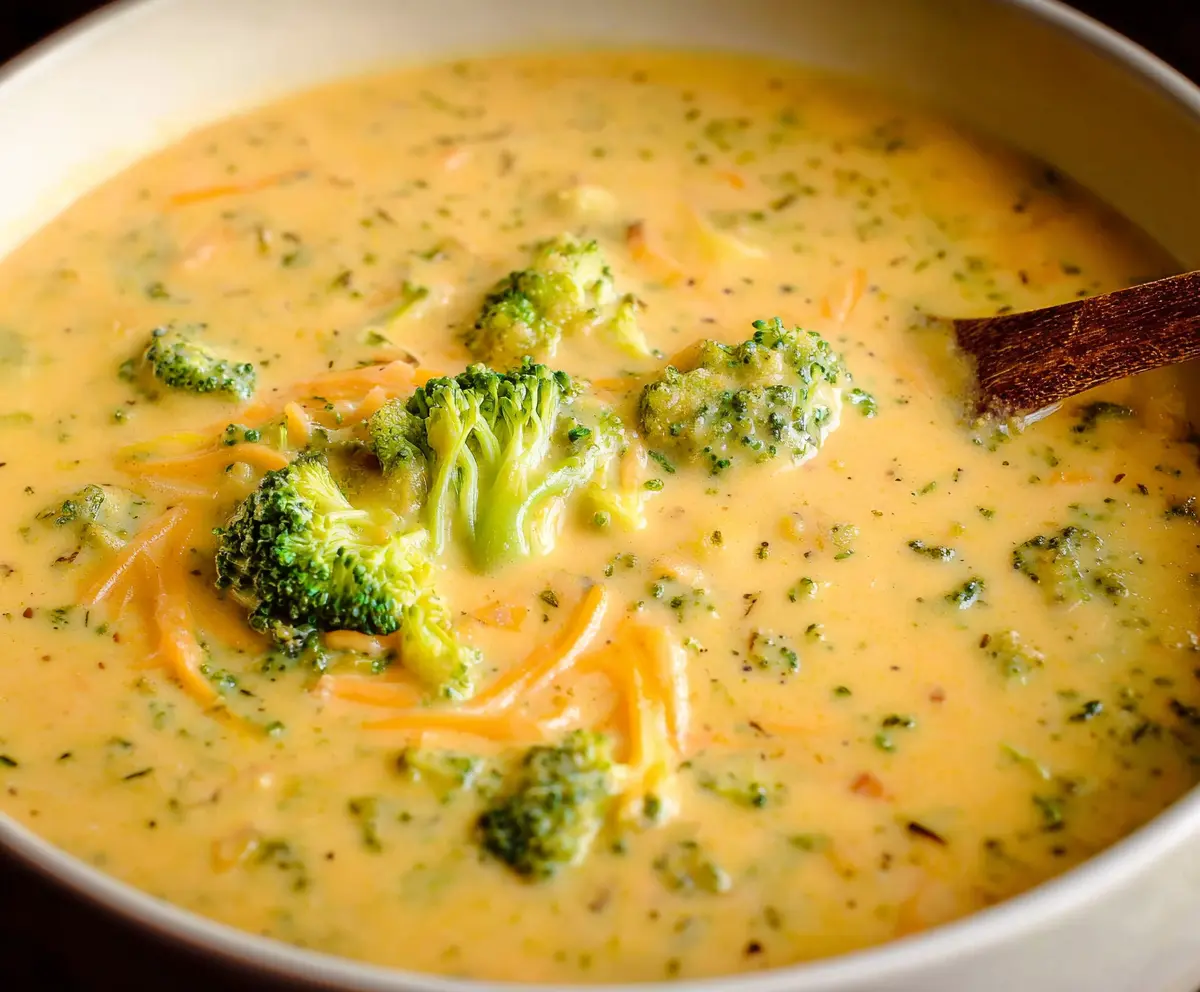 Creamy broccoli cheddar soup in a bowl, garnished with fresh herbs, perfect for a healthy meal.