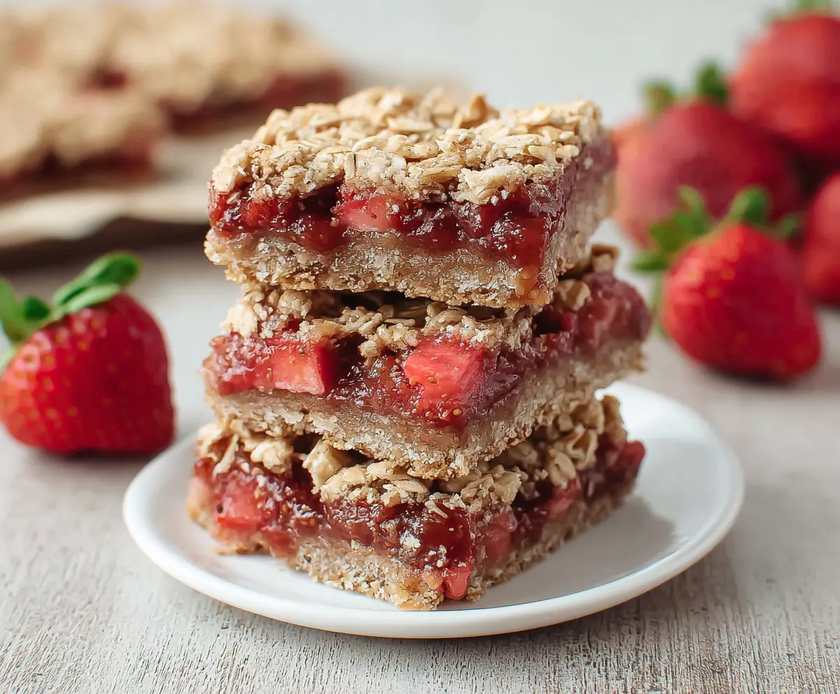 Vegan and gluten-free strawberry oatmeal bars on a plate, garnished with fresh strawberries and mint