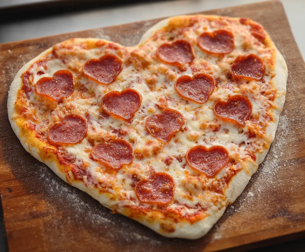 Delicious heart-shaped pizza topped with fresh ingredients, perfect for romantic dinners or special occasions.