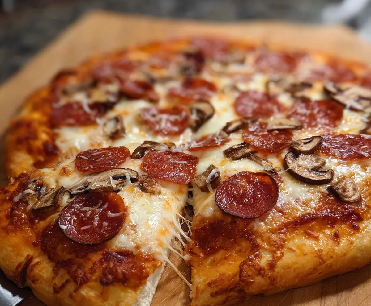 Fresh homemade pizza dough on a floured surface ready for baking.