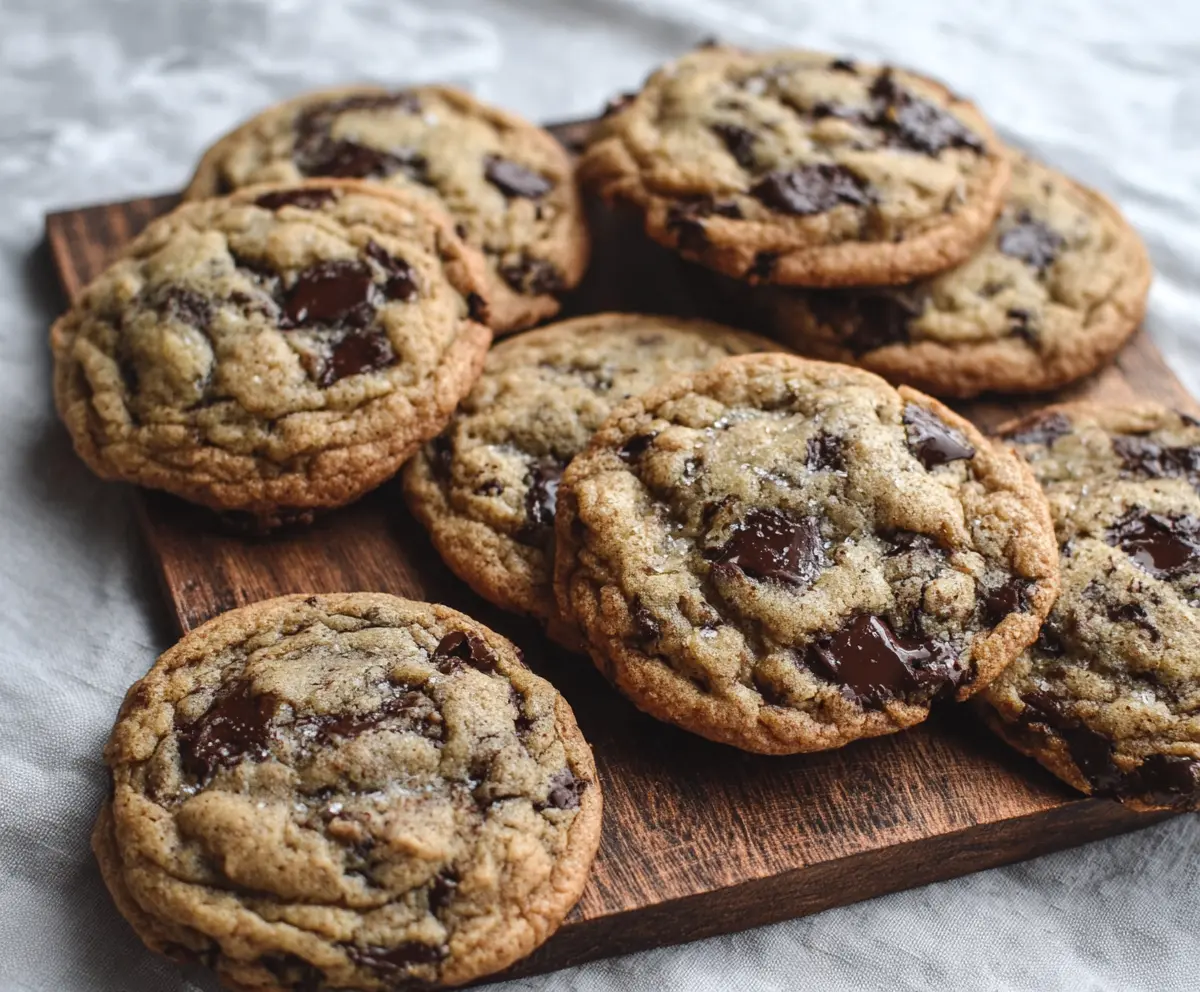 Delicious sourdough discard chocolate chip cookies fresh out of the oven with gooey, melting chocolate chips.