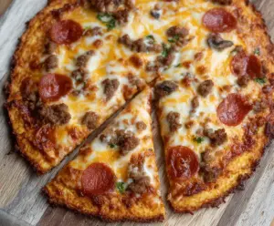 Delicious homemade keto pizza crust on a wooden surface topping topped with fresh ingredients