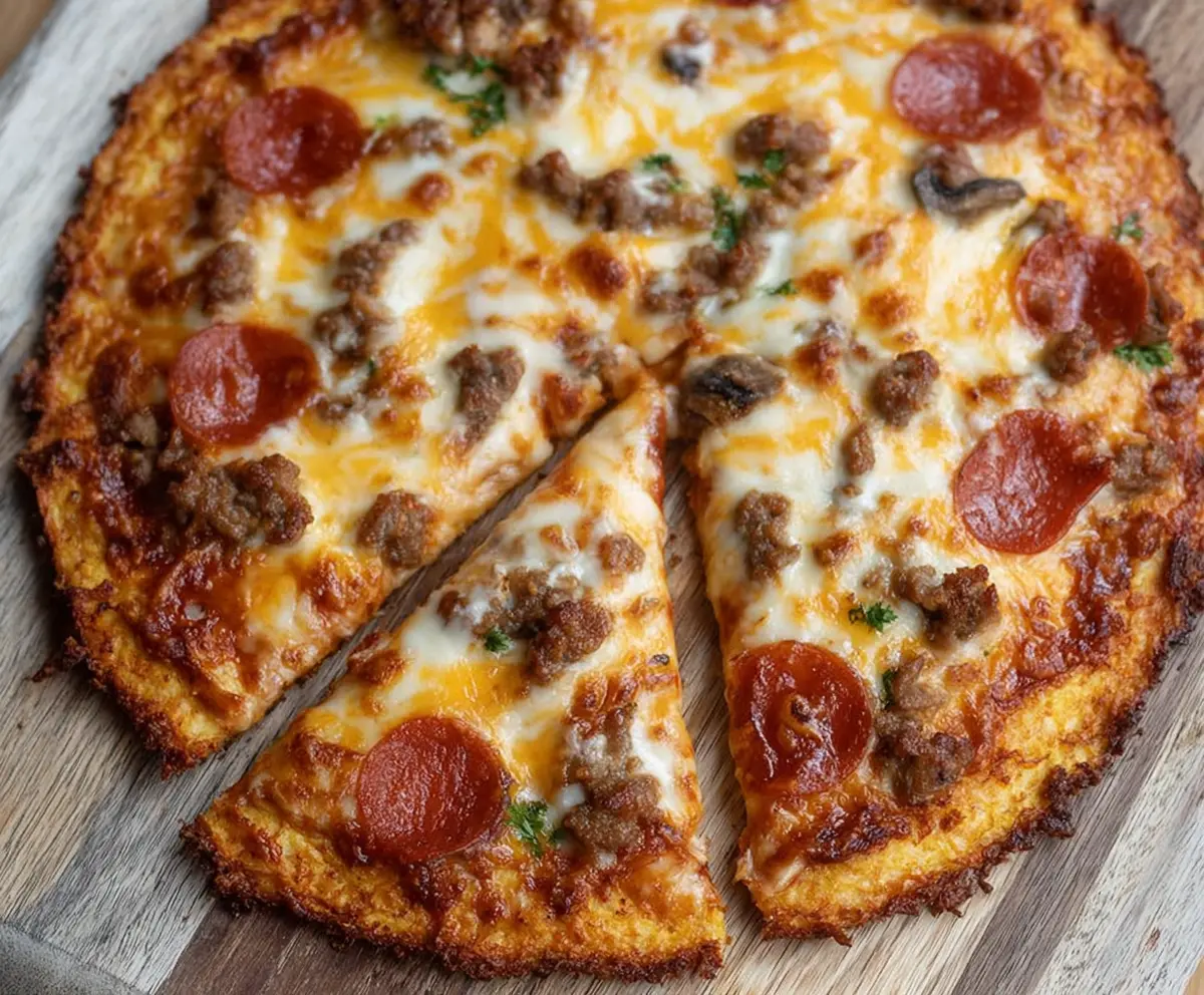 Delicious homemade keto pizza crust on a wooden surface topping topped with fresh ingredients