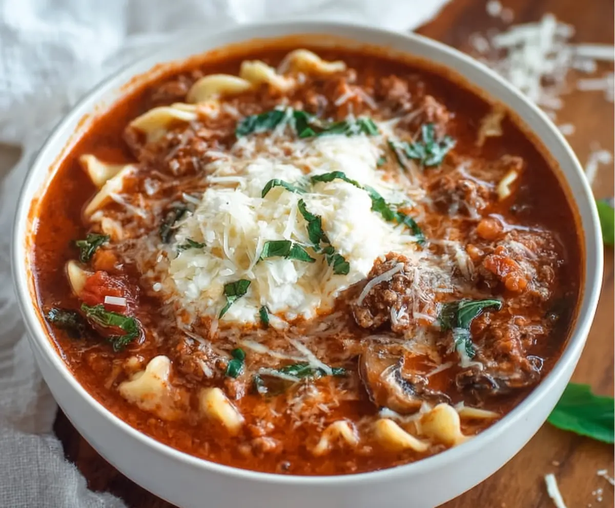 Delicious homemade lasagna soup in a bowl with melted cheese and fresh herbs