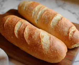 Golden crust quick sourdough discard French bread on a rustic wooden table