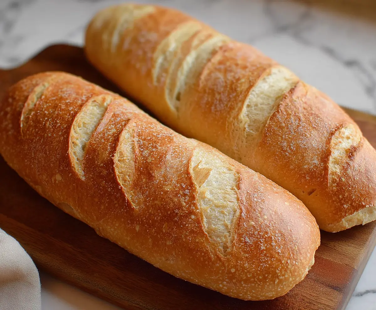 Golden crust quick sourdough discard French bread on a rustic wooden table
