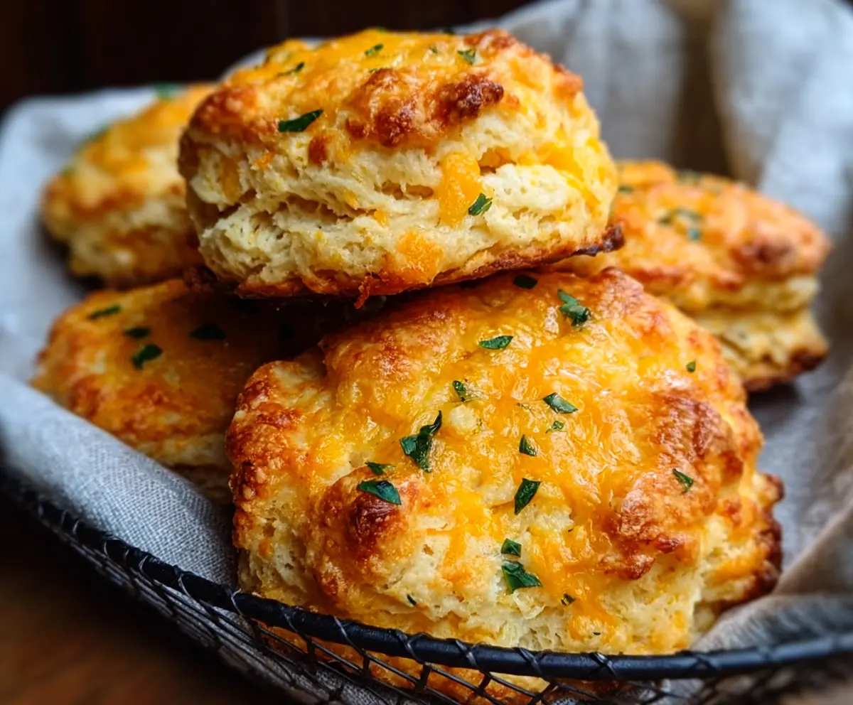 Golden sourdough discard cheddar biscuits fresh out of the oven, showcasing crispy edges and melted cheddar cheese.