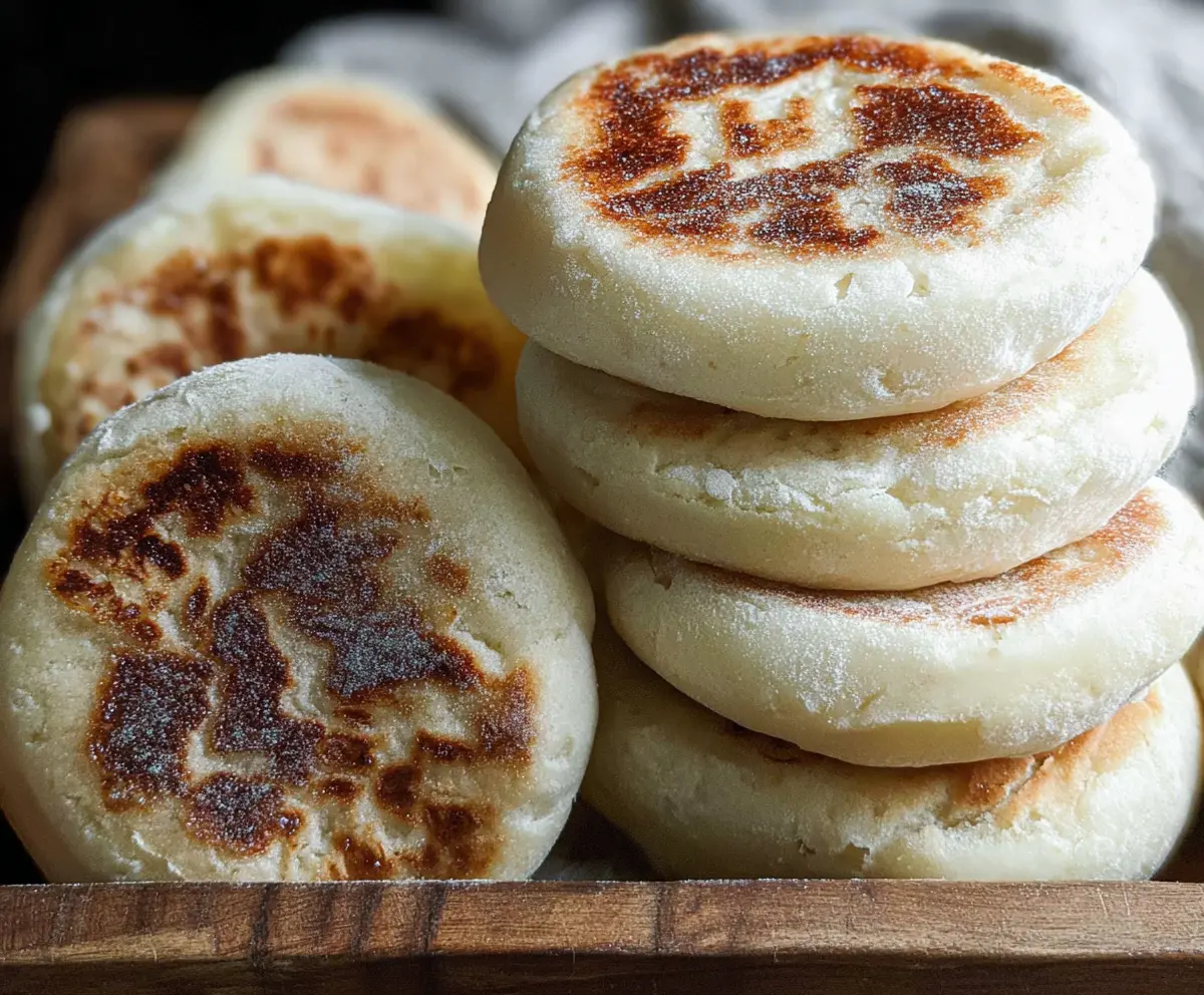 Homemade sourdough discard English muffins on a rustic wooden surface, showcasing fluffy interiors and crispy crusts.
