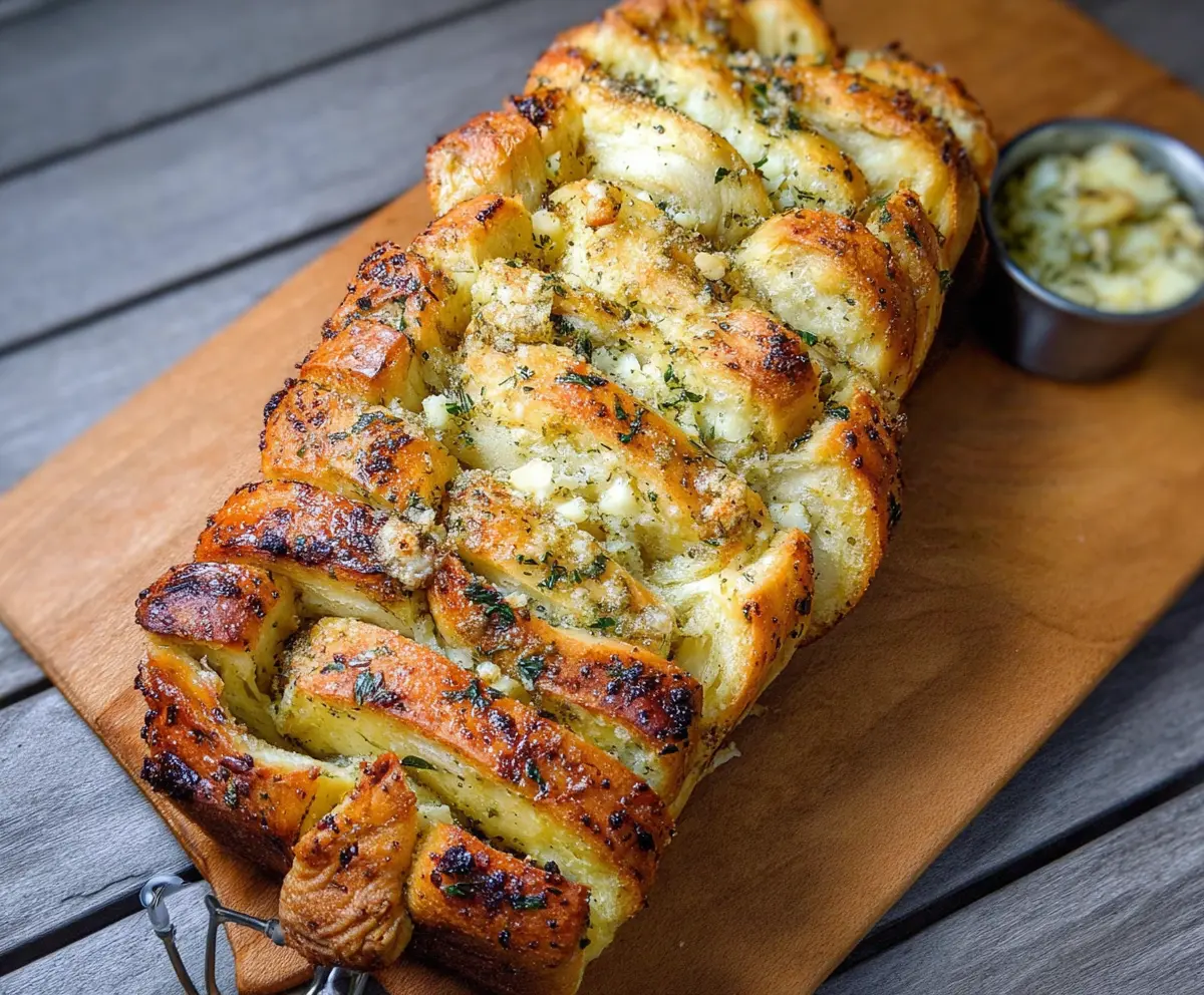 Delicious sourdough discard garlic pull apart bread on a rustic wooden board, showcasing flaky layers and roasted garlic.